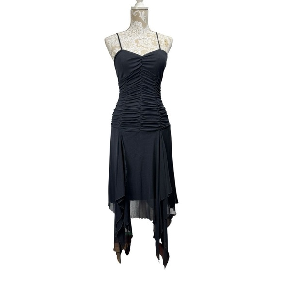 Vintage Y2K Caché Size 8 Black Ruched Handkerchief Hem Midi Dress Whimsigoth - Picture 1 of 6